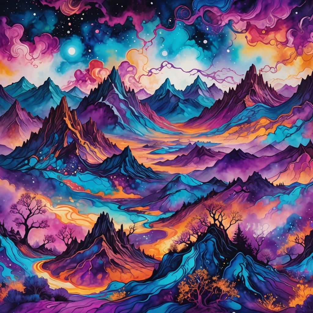 Surreal Fantasy Landscape with Cosmic Alcohol Inks