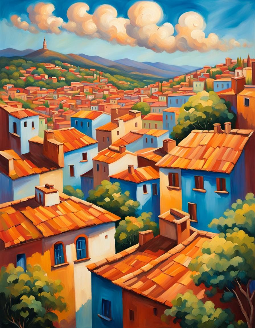Latin American Folk Art Cityscape in Oil Painting