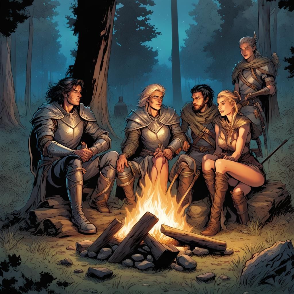 Adventurers Campfire Scene in Comic Book Style