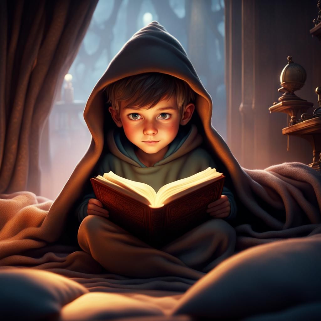 Boy Reading Under Blanket: Fantasy Concept Art