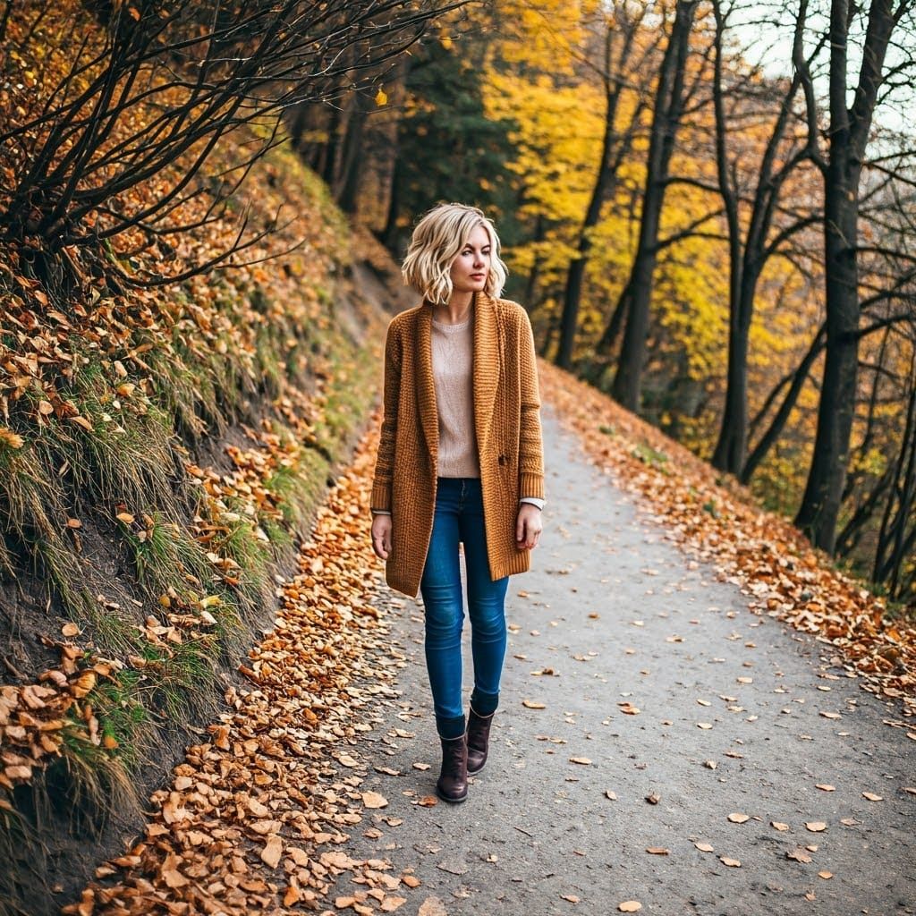 Autumnal Woman on Picturesque Hillside Path