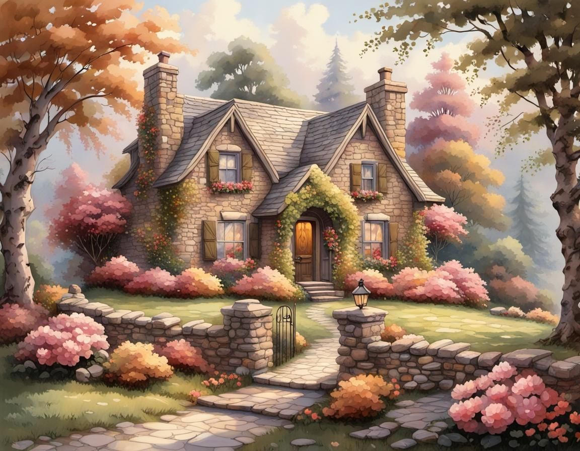 Quaint Cottage with Roses in Watercolor Style