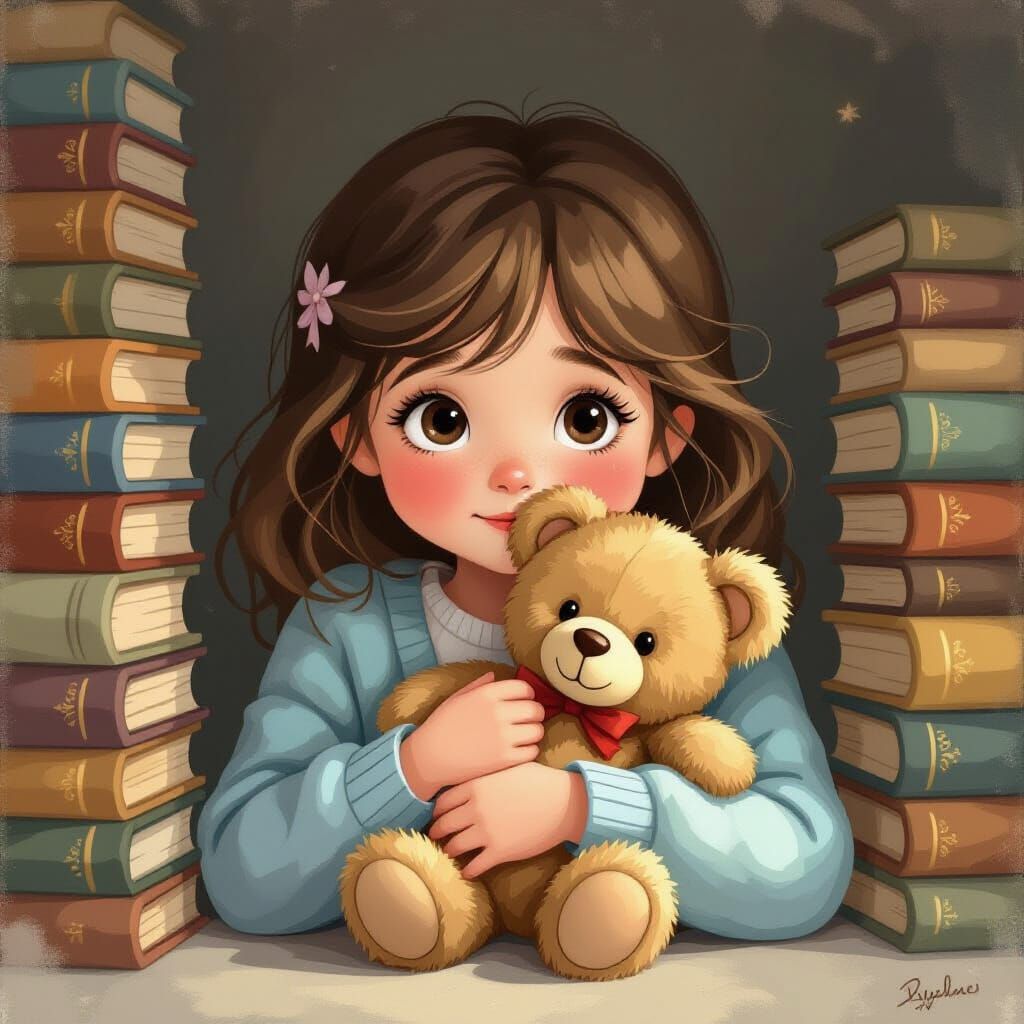 Shy Girl Hiding With Teddy Bear In Storybook Style