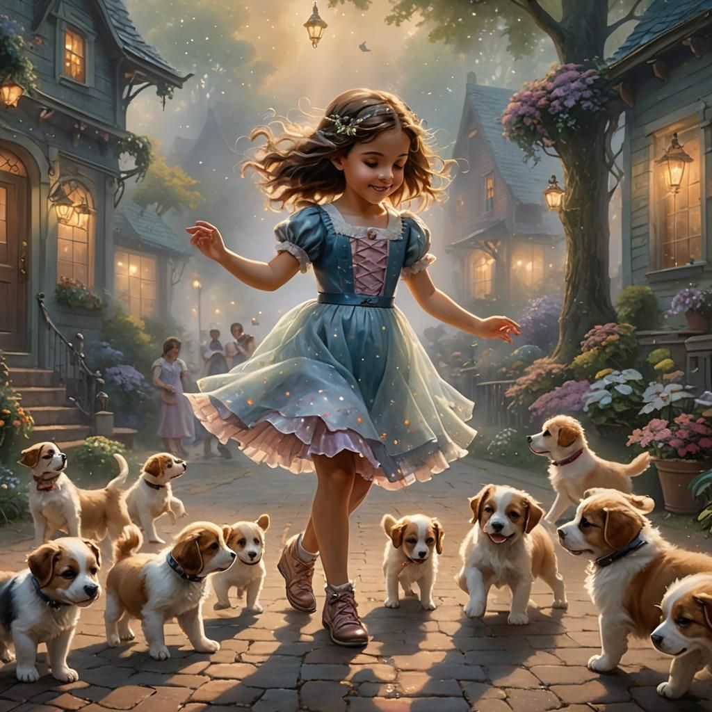 Girl Dancing with Puppies: Ethereal Fantasy Art
