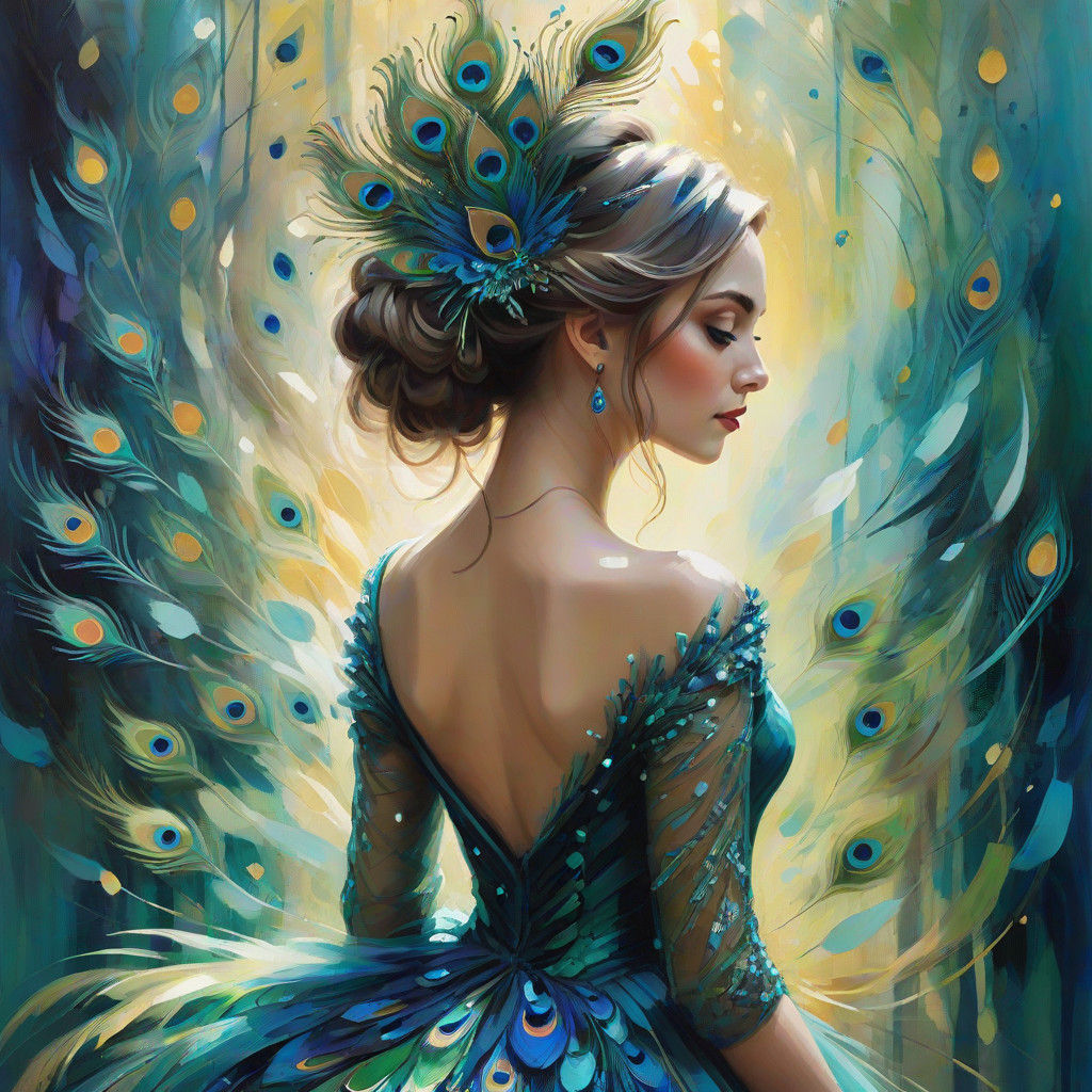 Girl in Whimsical Forest with Peacock Feathers