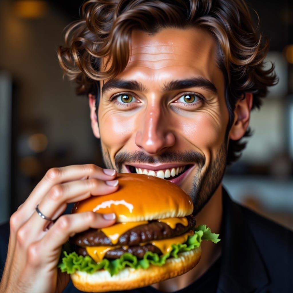 Man Bites into Dripping Cheeseburger, Close-up Portrait