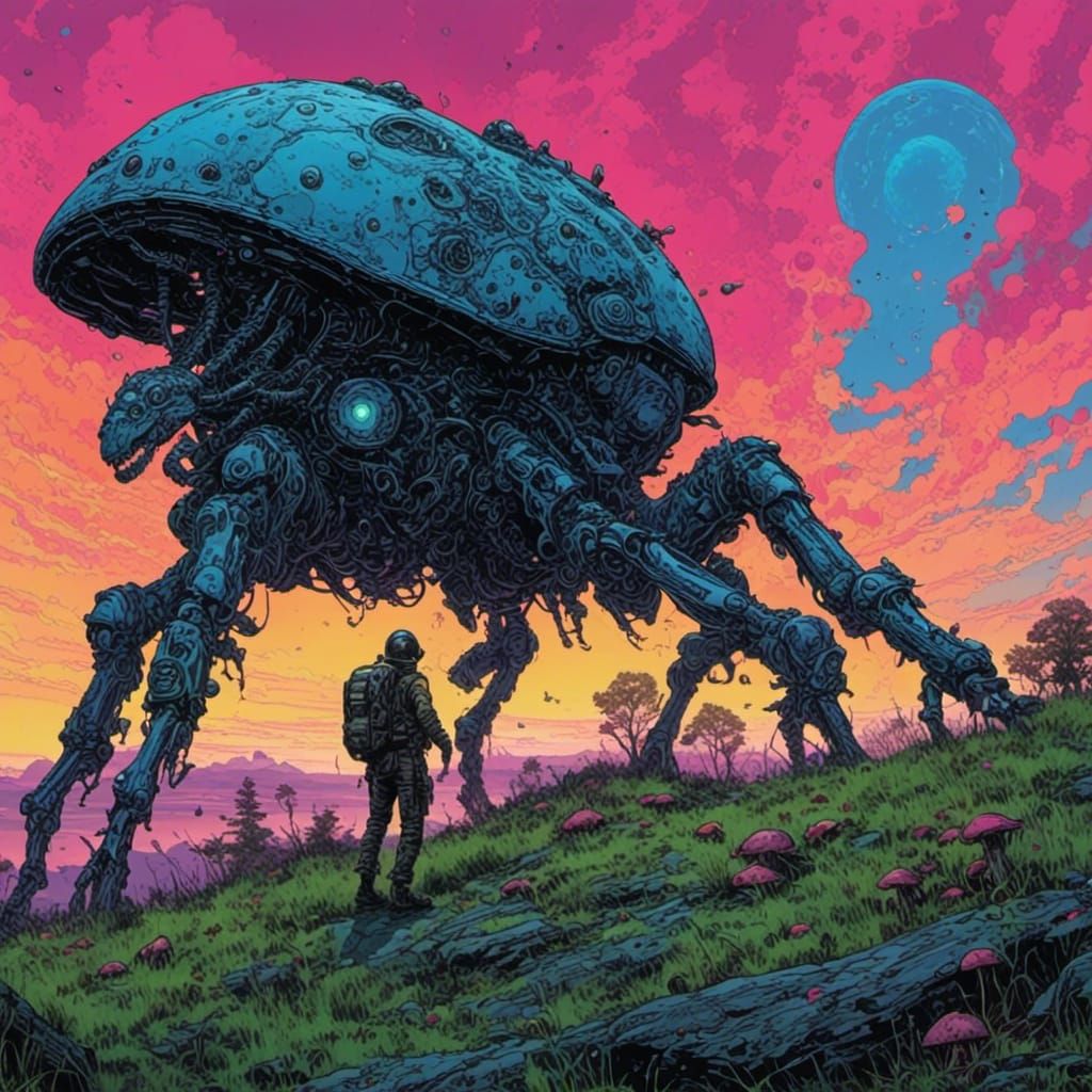 Giant Alien Insectoid Grazing in Bioluminescent Landscape