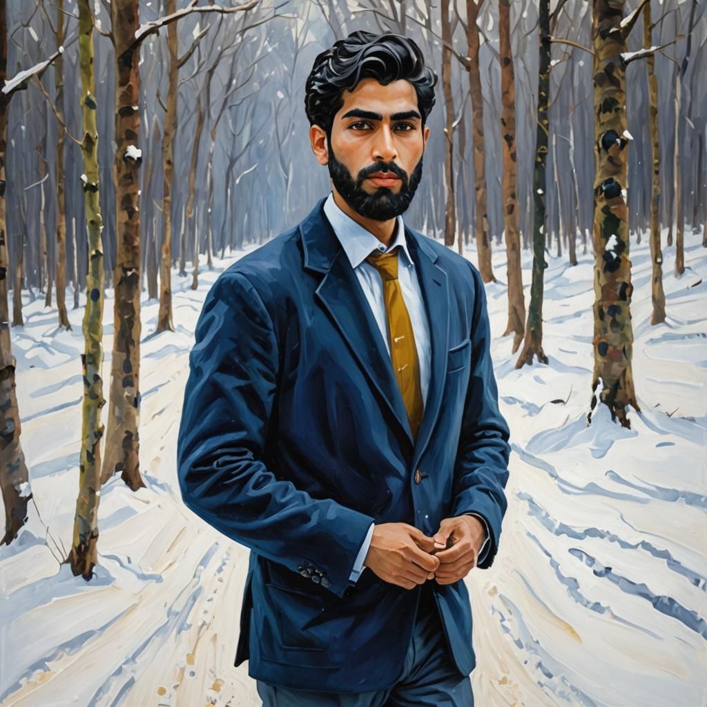 Joyful Man in Snowy Forest, Impressionist Oil Painting