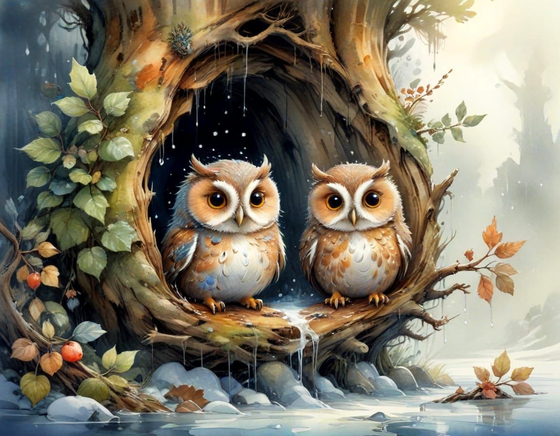 Two Playful Owls Emerge in Whimsical Watercolor Art