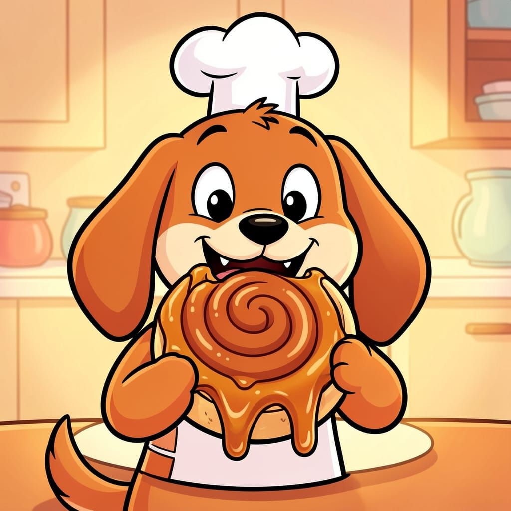 Cartoon Beagle Enjoys Gooey Cinnamon Roll in Animation Style