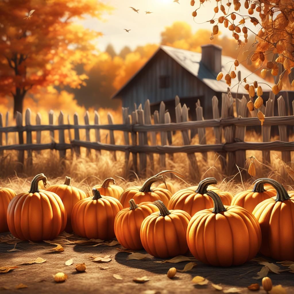 Pumpkins and Corn Stalks in Golden Sunlight