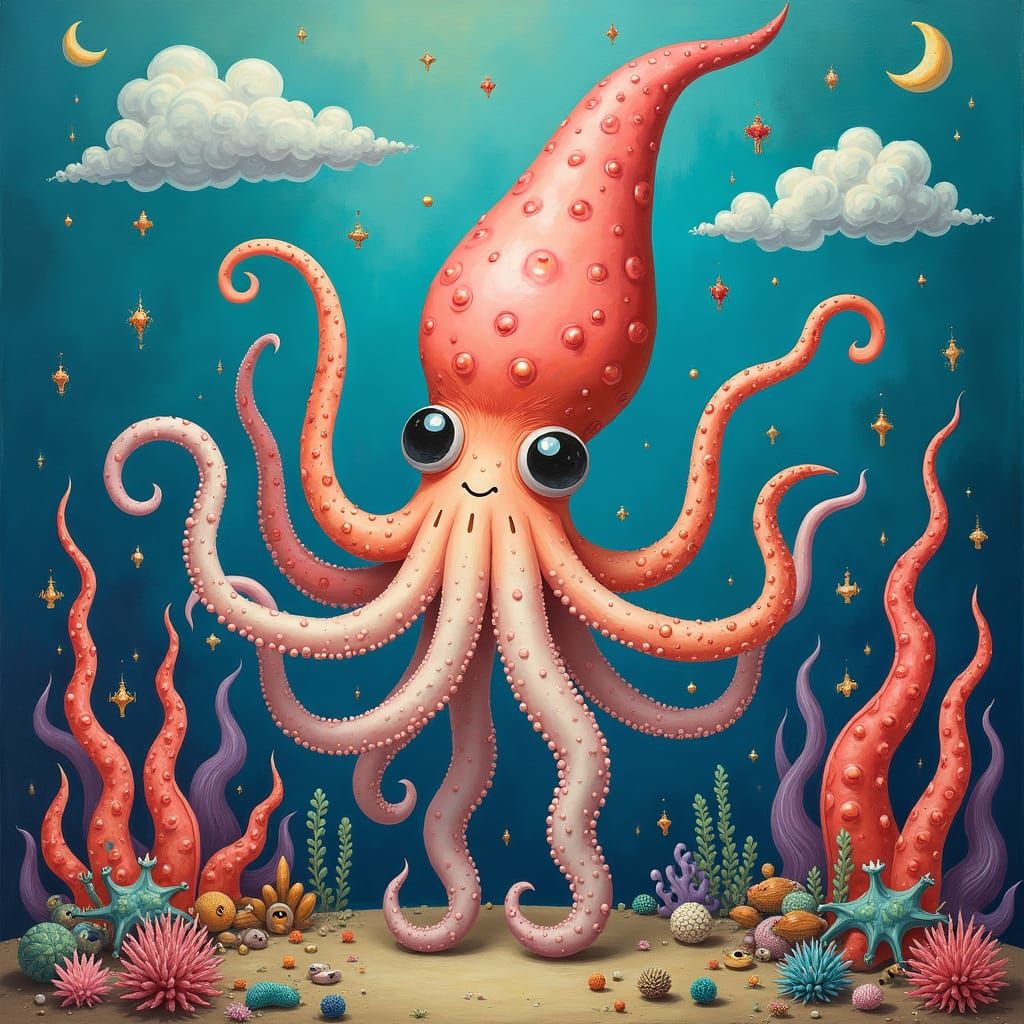 Whimsical Gnome Squid in Dreamlike Underwater Realm