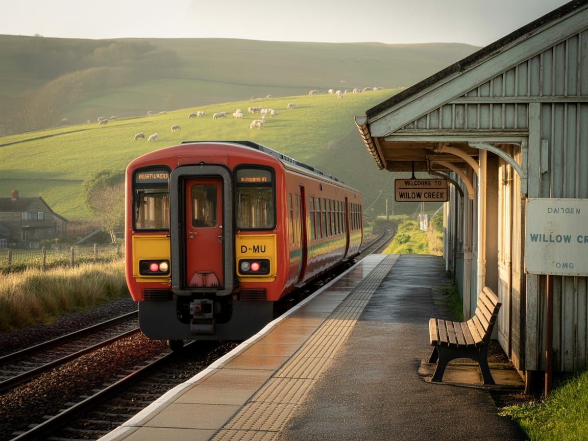 Vintage Rural Train Station with Red Train