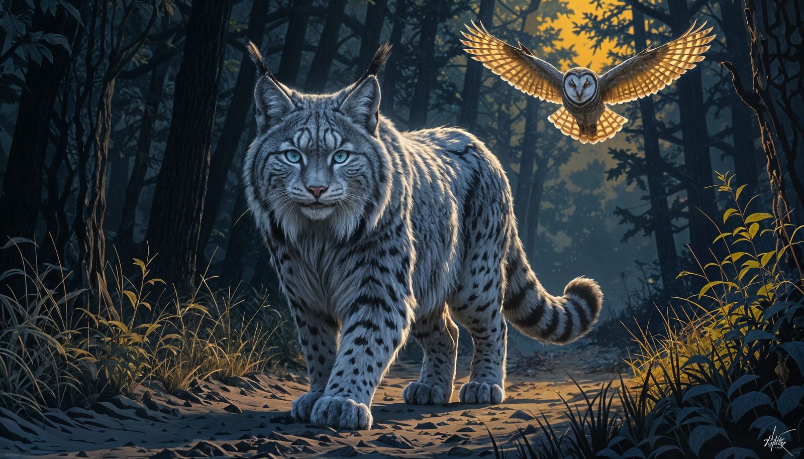 Muscular Lynx & Reconnaissance Owl in Dark Fantasy Art