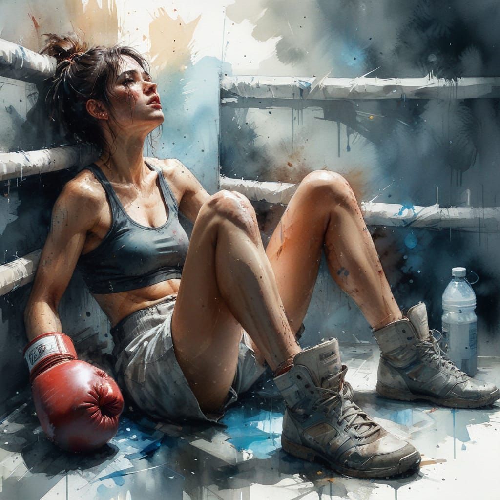 Exhausted Boxer in Corner, Watercolor Painting
