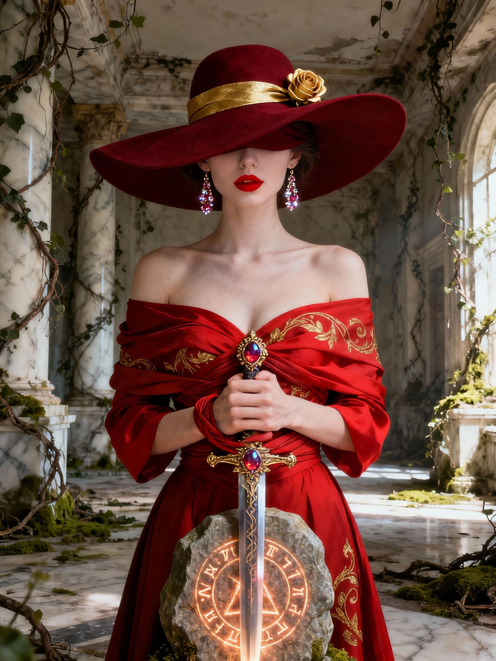 Elegant Woman Draws Jewel Sword in Mysterious Hall