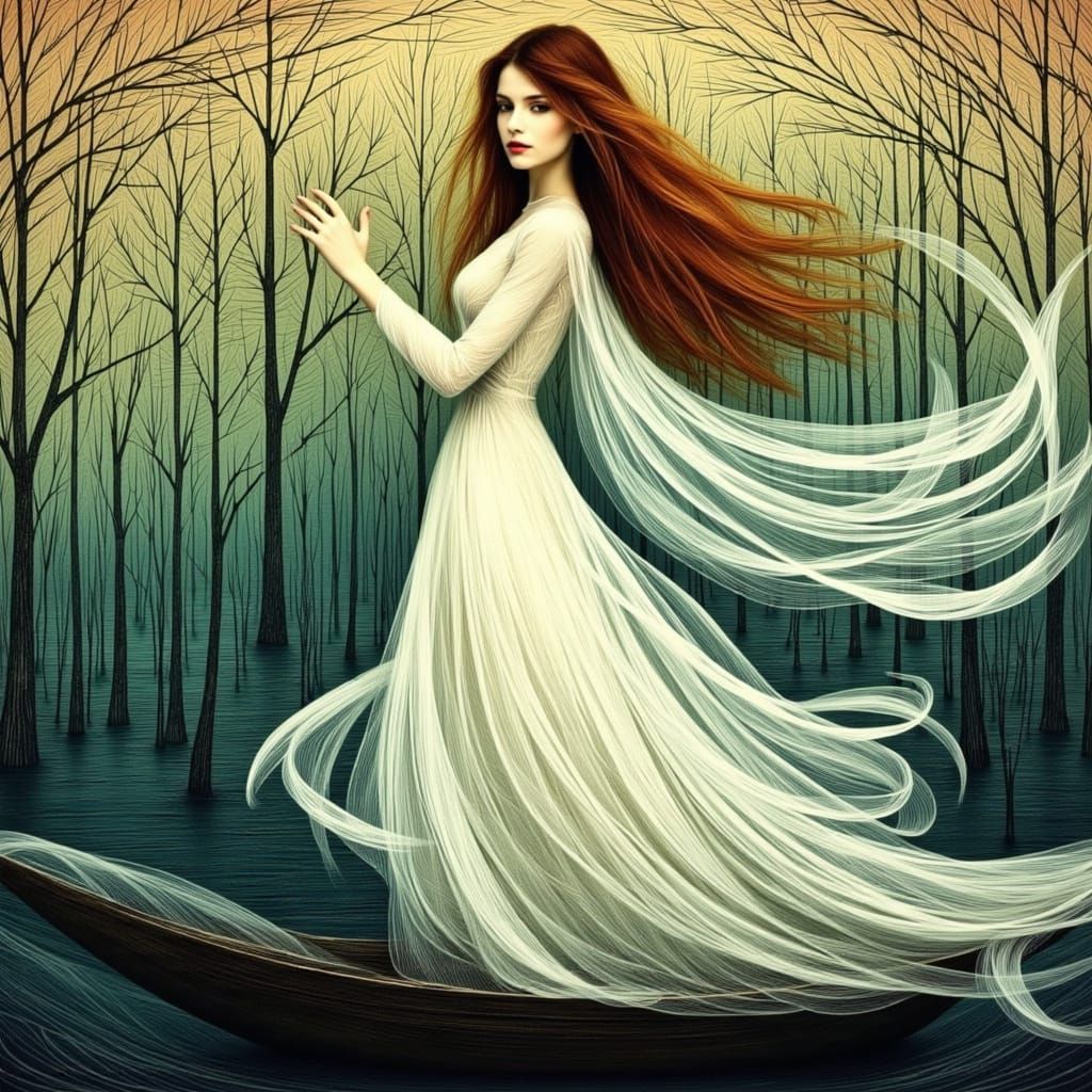 Milady de Winter Sails on Lys River, Art Nouveau Style