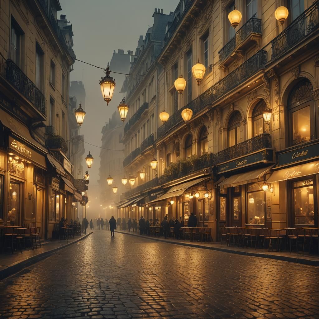 Vintage French Cafe at Night in Digital Painting Style