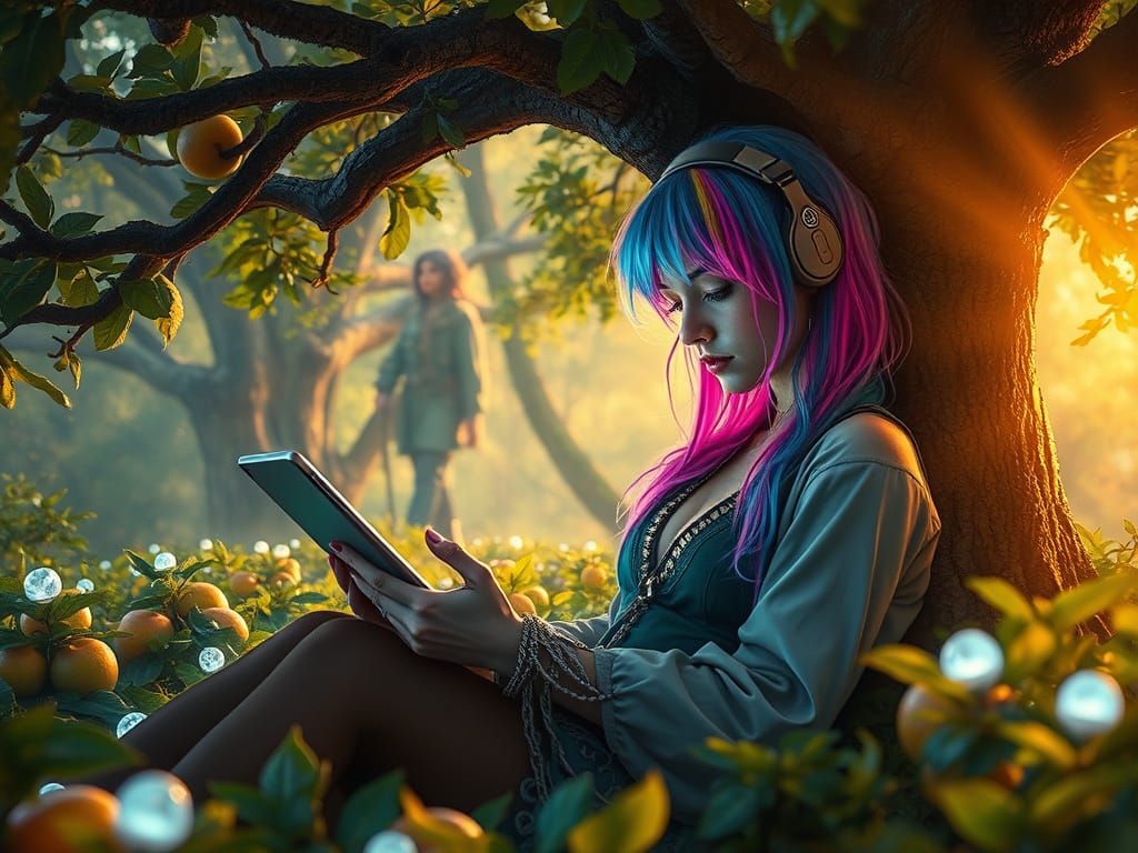 Solarpunk Hobbiton Sanctuary with Cyberpunk Harmony