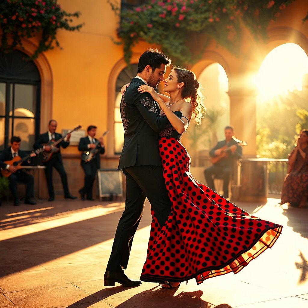 Passionate Tango Dancers in Sun-Drenched Courtyard