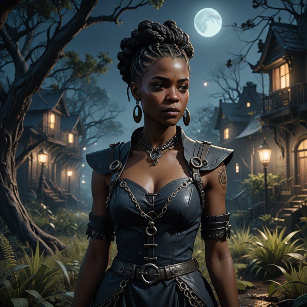 Gothic Goddess in Desolate Moonlit Park