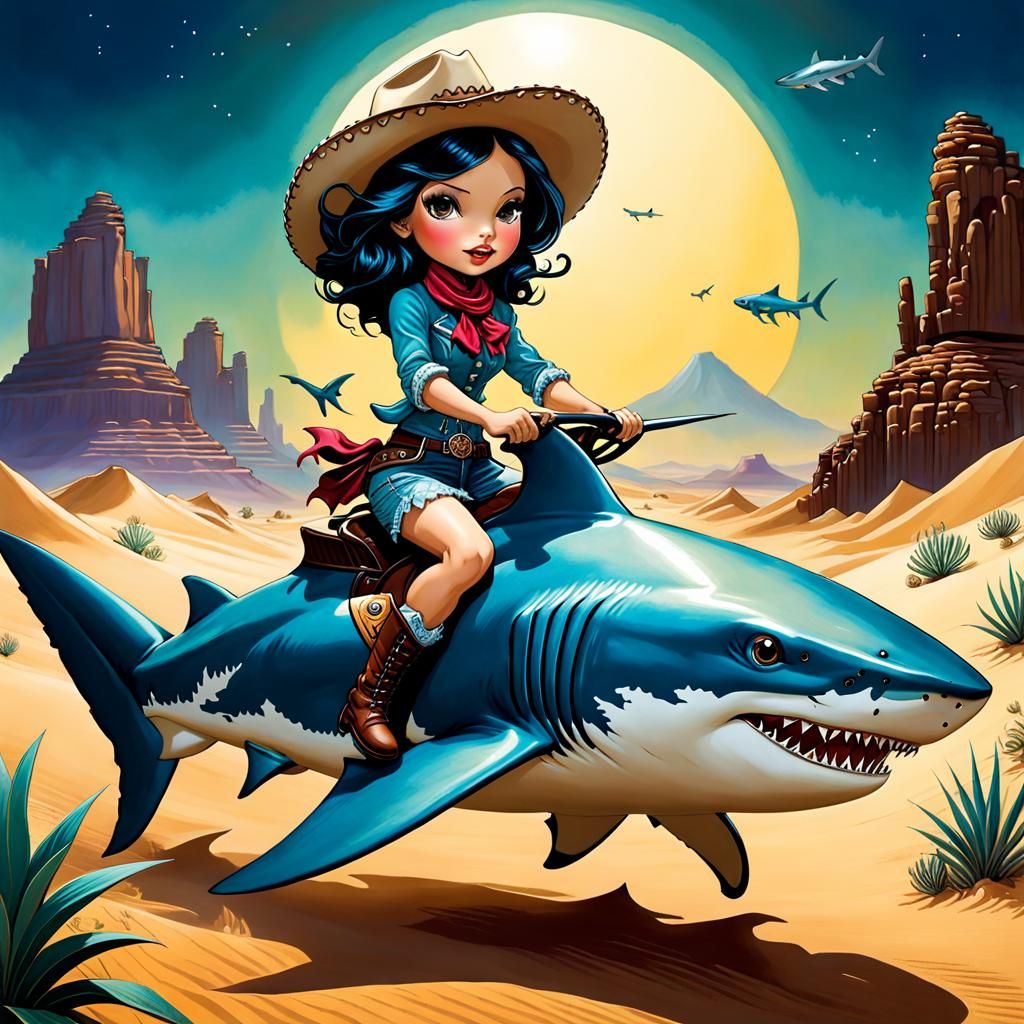 Cowgirl Rides a Shark in Desert Illustration