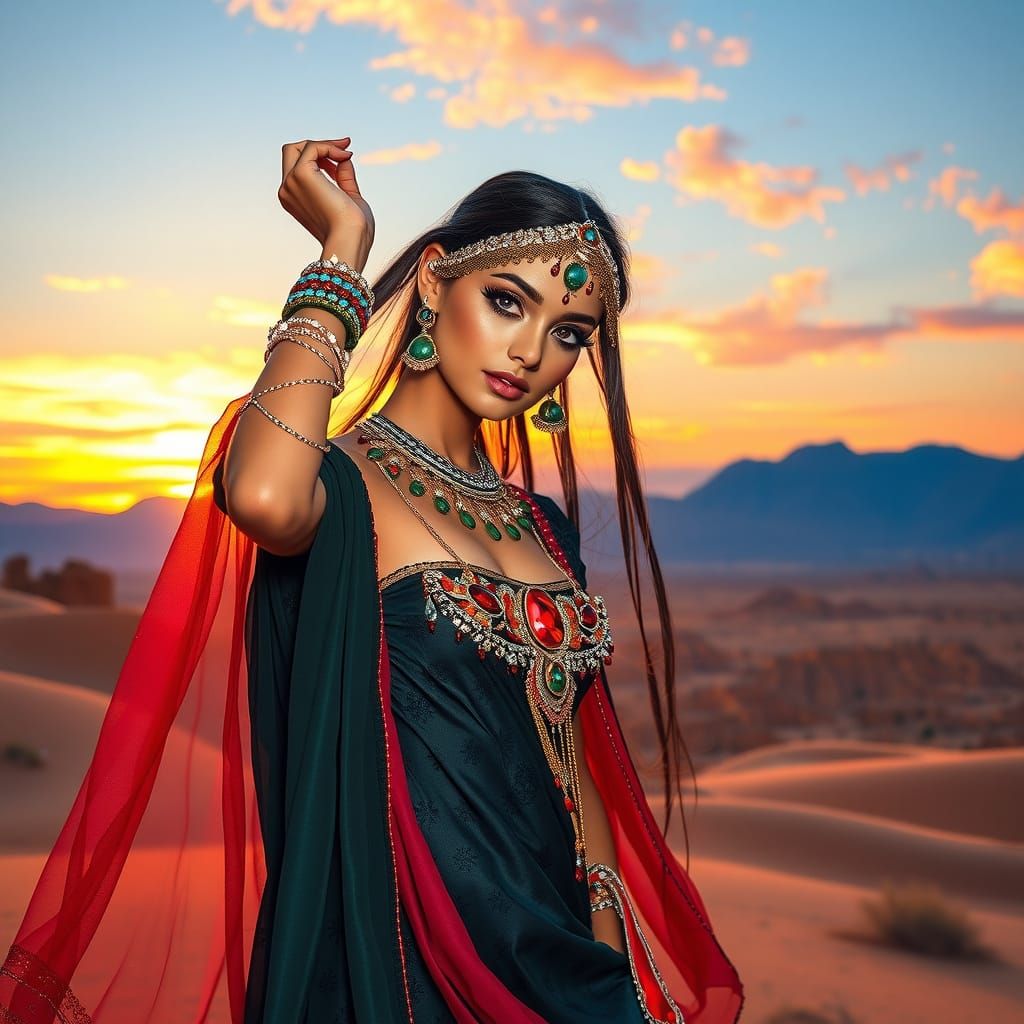 Oriental Girl Belly Dances Under Desert Sunset in Art Nouvea...