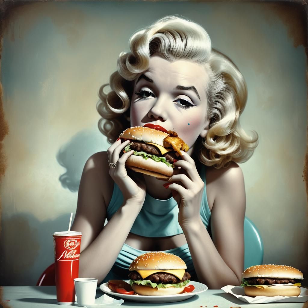 Marilyn Monroe Eats Hamburger: Vintage Photorealism
