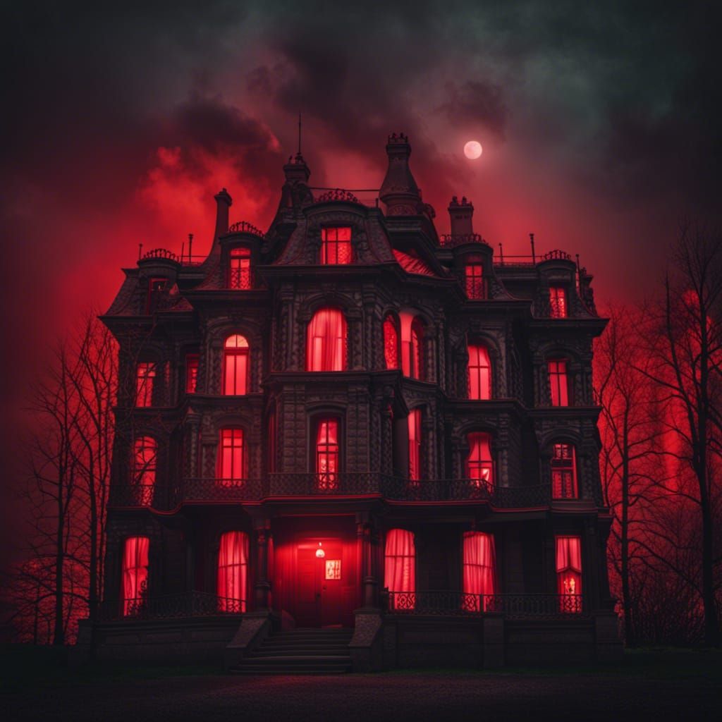 Sinister Art Nouveau Horror House at Night