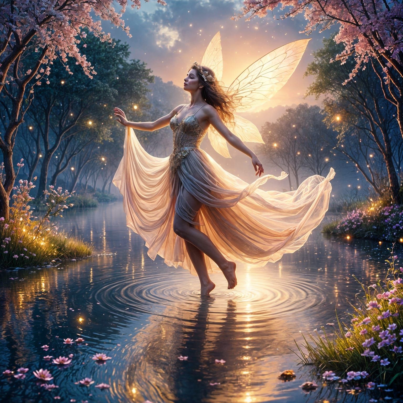 Graceful Fairy Dances on Shimmering River at Twilight