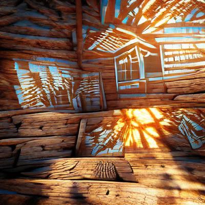 Forgotten Cabin in Woodcut Style with Sun Rays