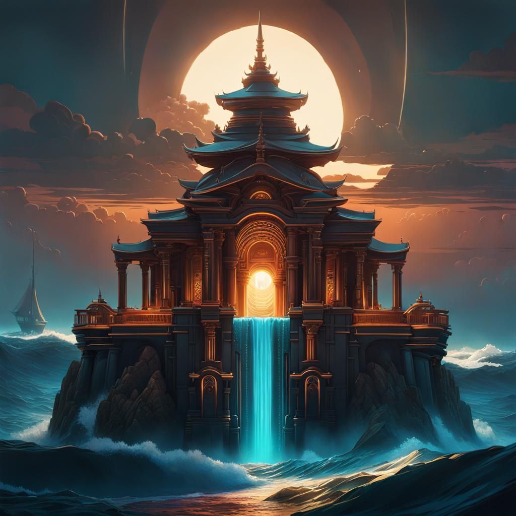 Oceanic Temple with Hieroglyphs in Dualtone Style