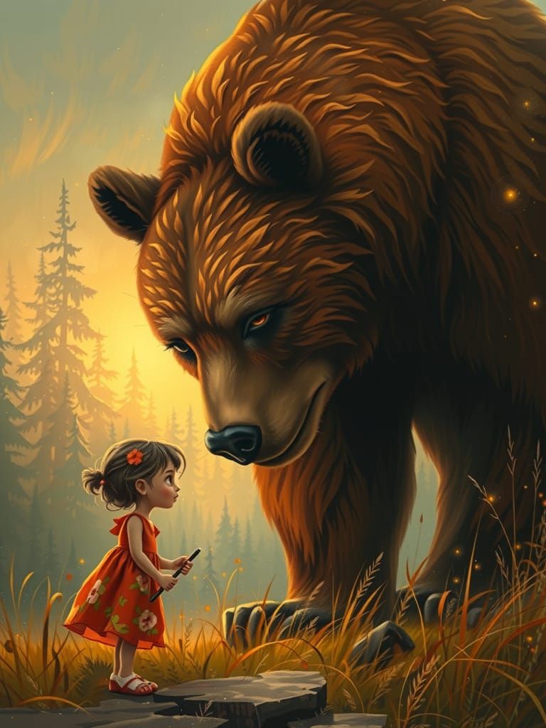 Girl and Mythical Bear in Whimsical Forest