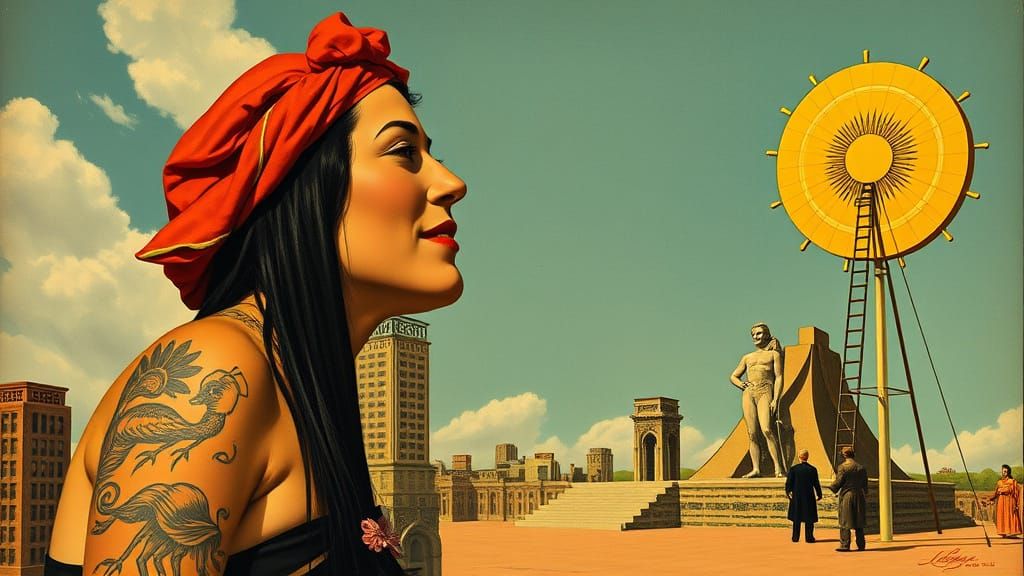 Surreal 1930s Circus Scene with a Tattooed Lady