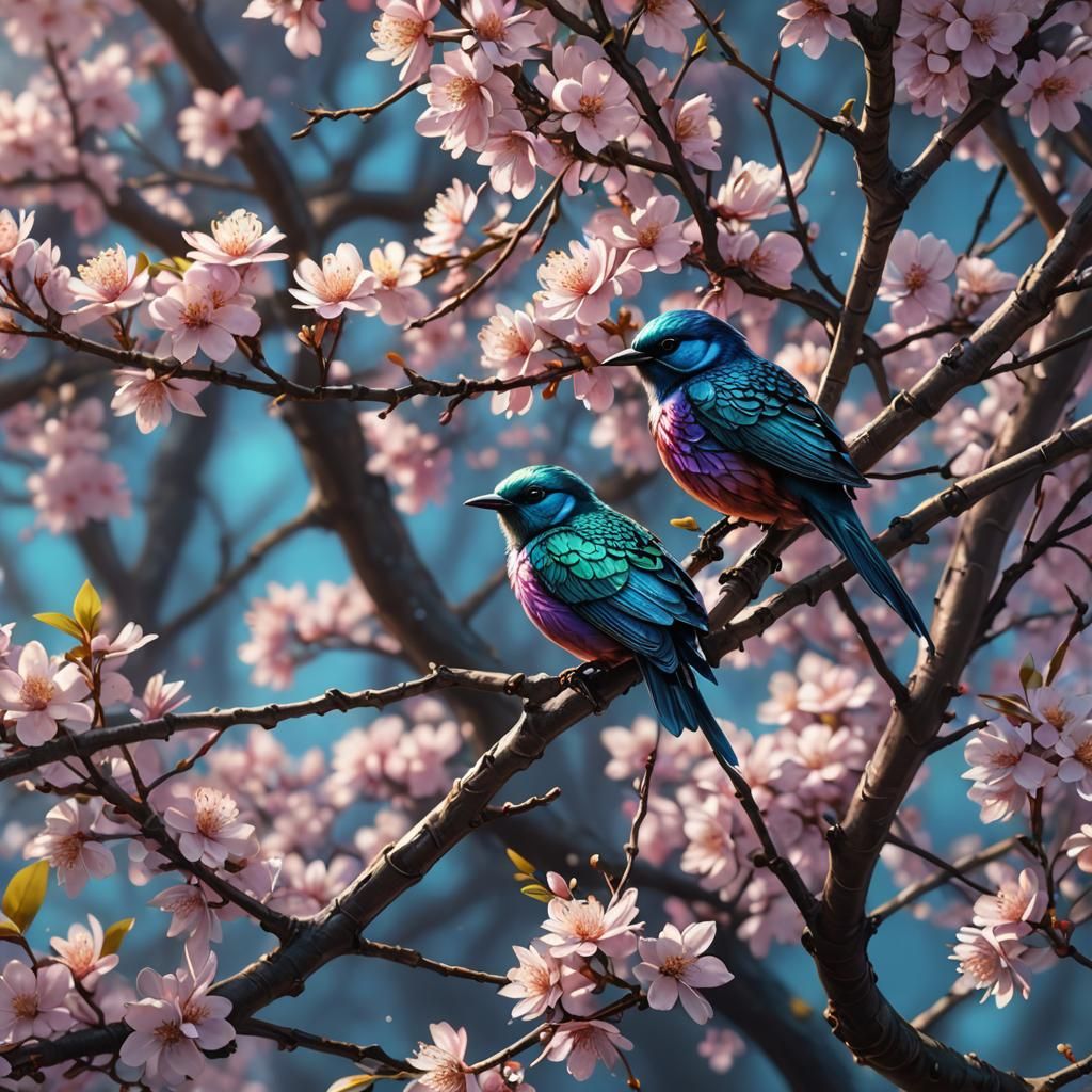 Blossom Tree Bird in Fantasy Art Nouveau Style