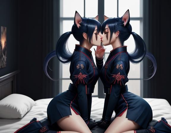 Twin Kitsune Kissing: Detailed Fantasy Concept Art
