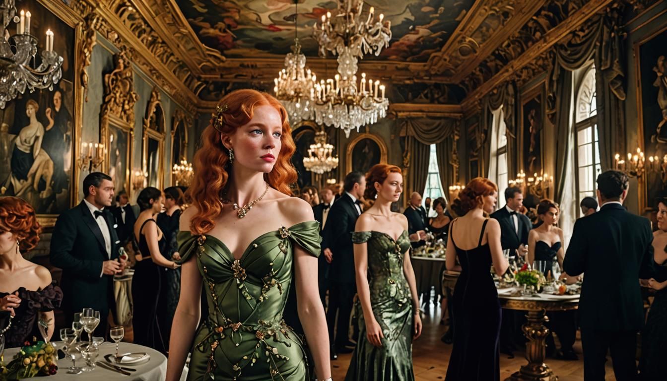 Elegant Redhead at Cocktail Party in Baroque Interior