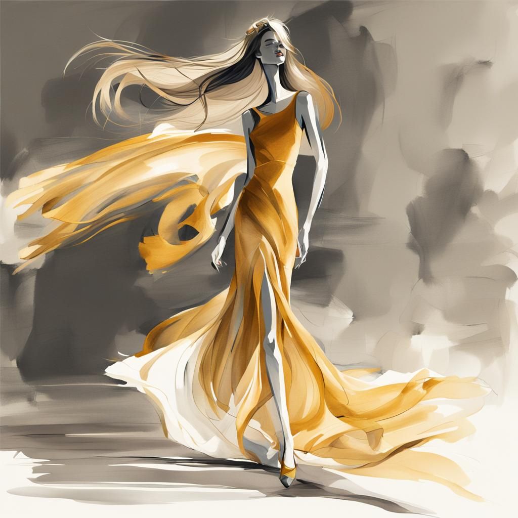 Elegant Model on Runway: Fashion Illustration in Vibrant Col...