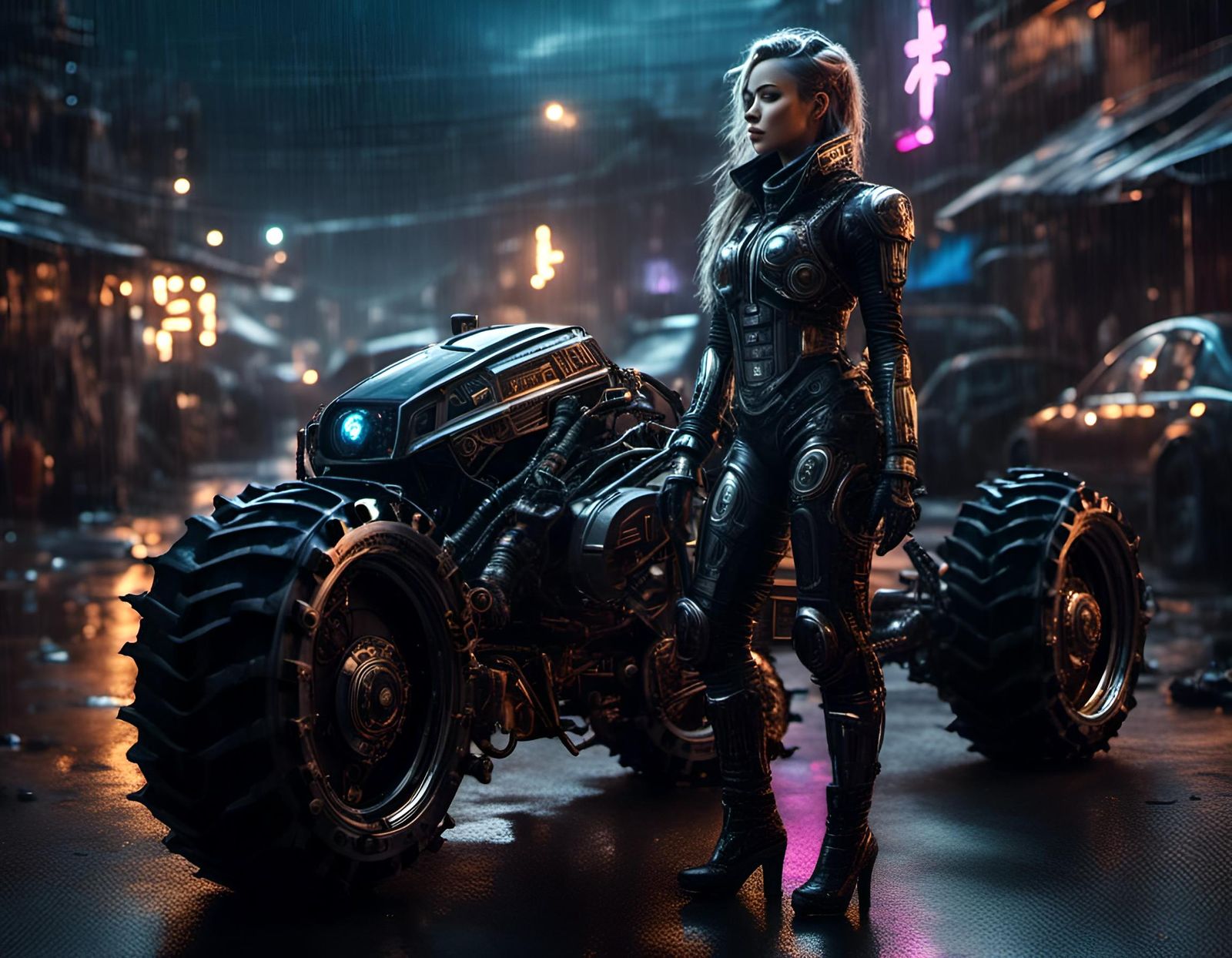 Cyborg Pilot Shelters on Stormy Alien World