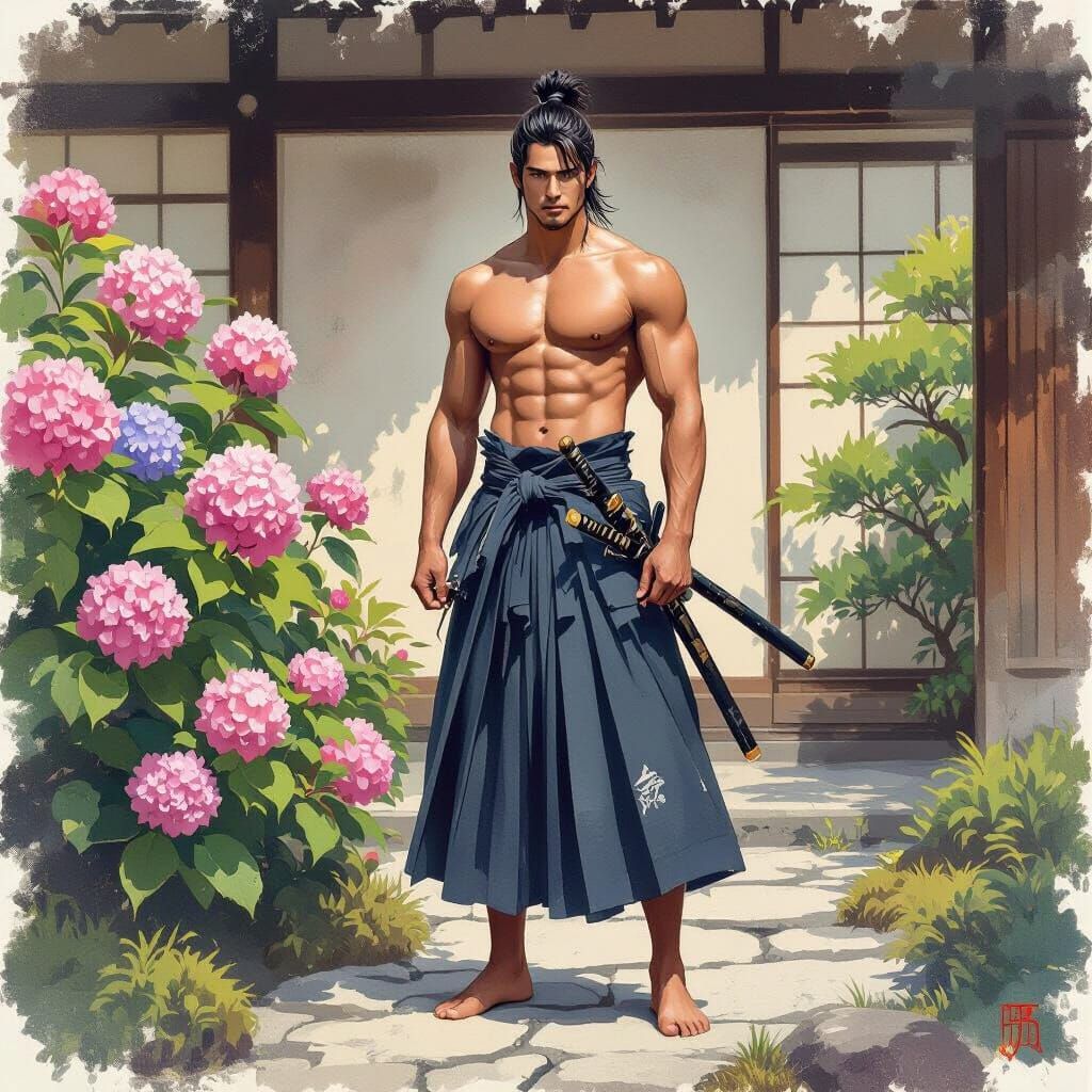 Samurai in Japanese Garden, Inksplash Style