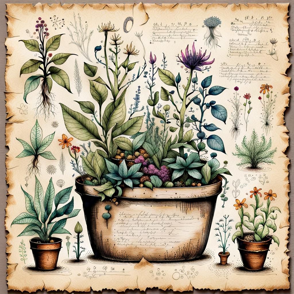 Magical Plants Guide: Ink Illustration on Parchment