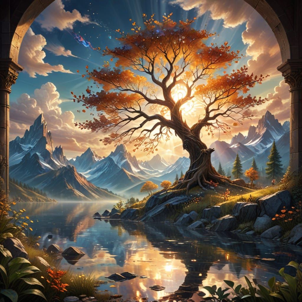 Dreamlike Stained Glass Landscape with Crystal Mountains