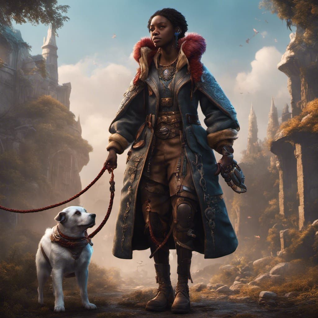 Woman Leash Holding Dog: Fantasy Concept Art