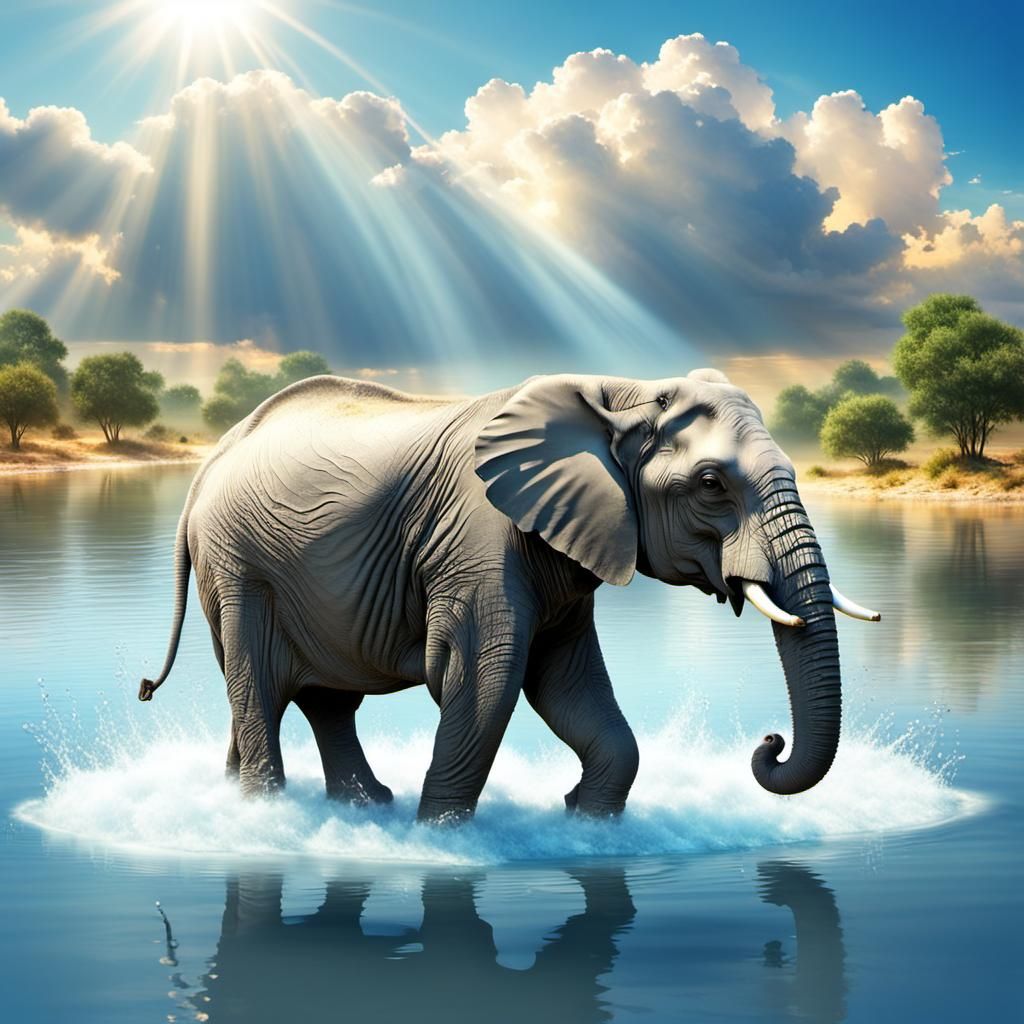 Cute Baby Elephant Splash in Lake: 3D Digital Art