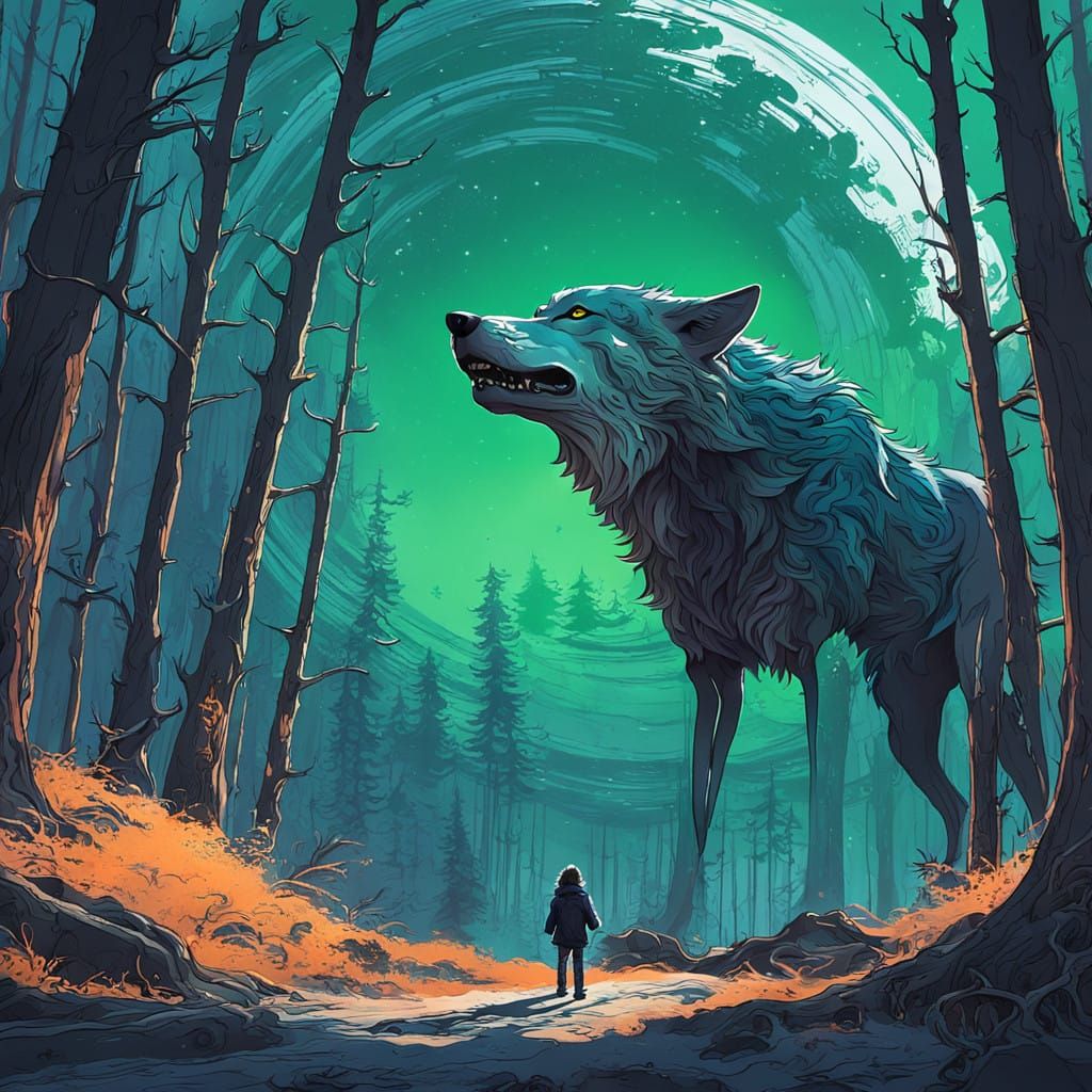 Wolf's Head in Whimsical Forest Landscape with Ink Splatters...