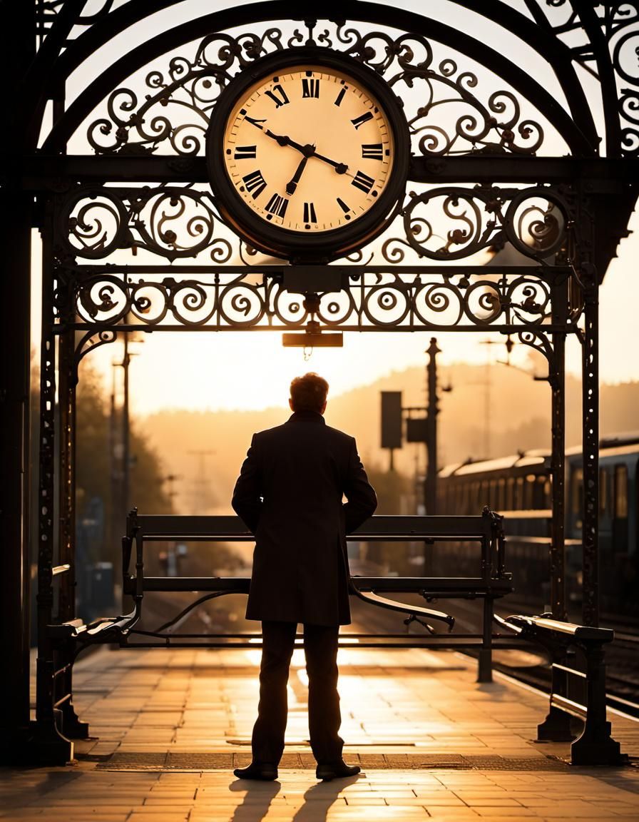 Vintage Railway Platform at Sunset: Chiaroscuro Oil Painting