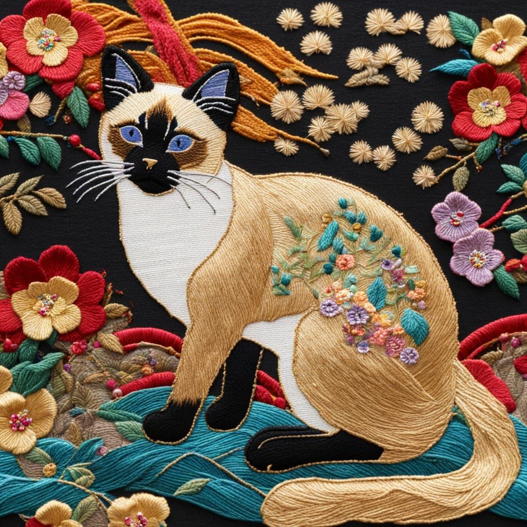 Embroidered Siamese Cat with Gold and Jewel Tones
