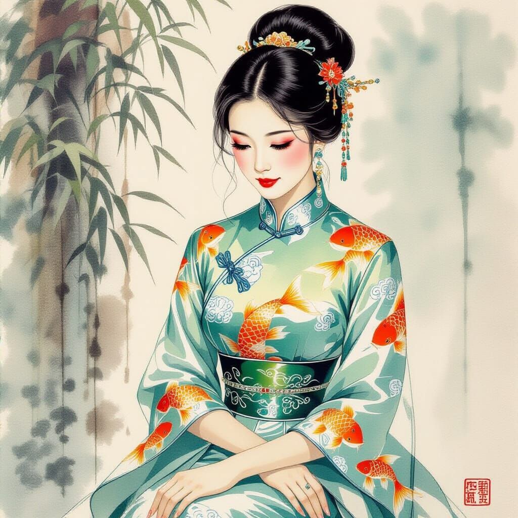 Beautiful Chinese Maiden in Flowing Spun Glass Cheongsam