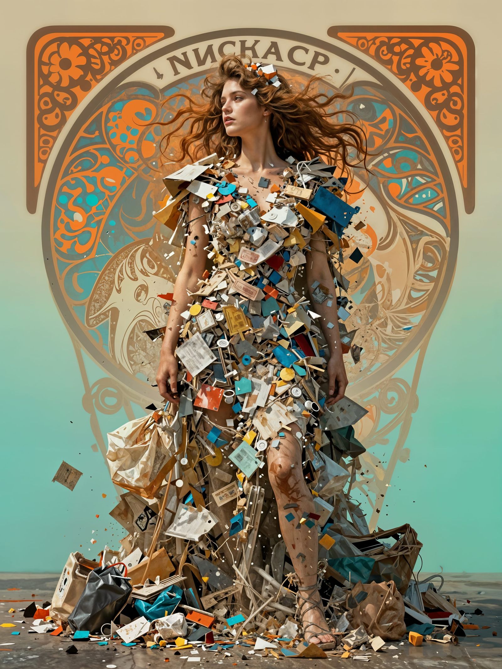 Supermodel Portrait Made of Trash in Garbage Art Style