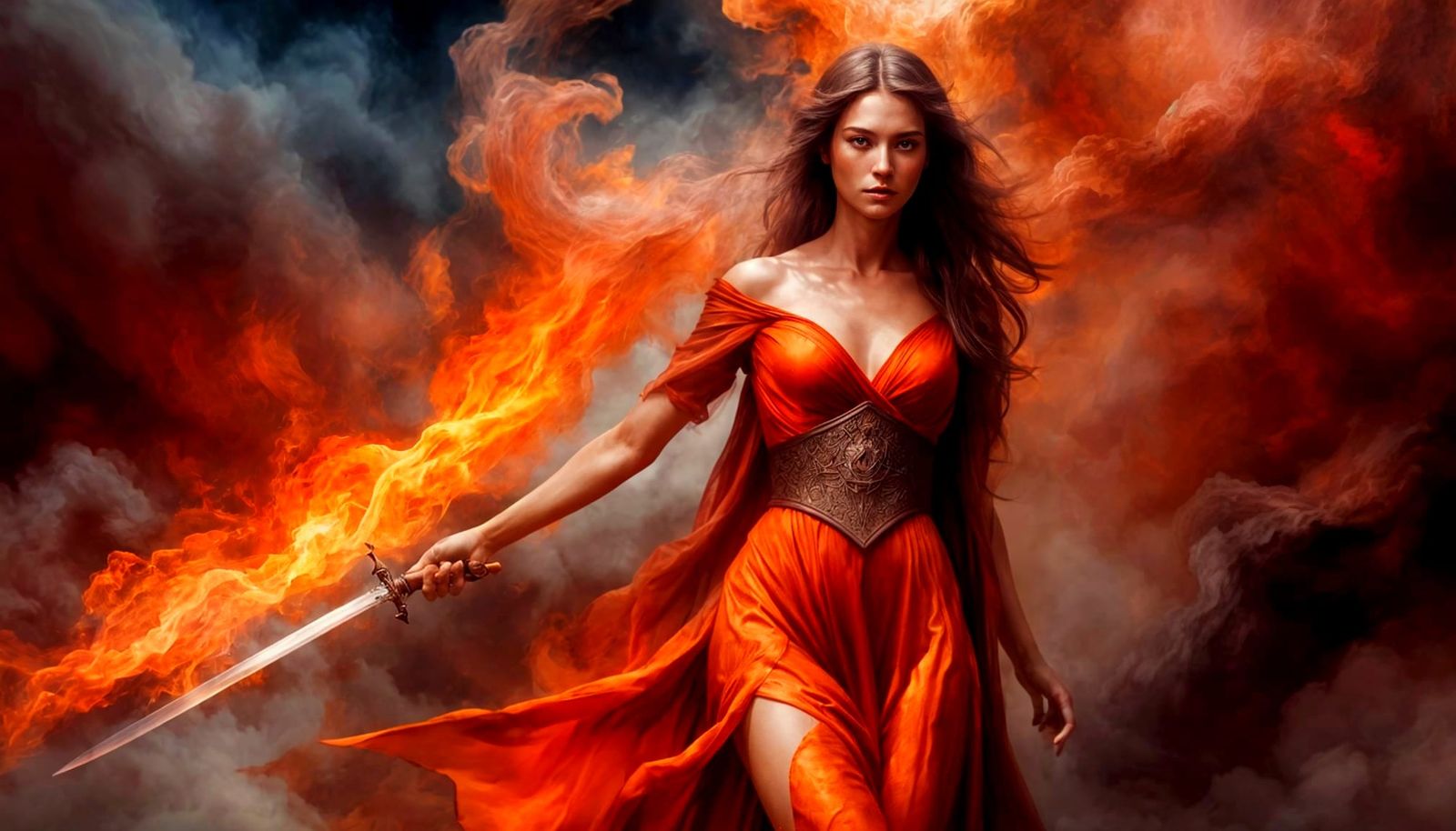 Fire-Sword Mistress in Sfumato Style Fine-Art Painting